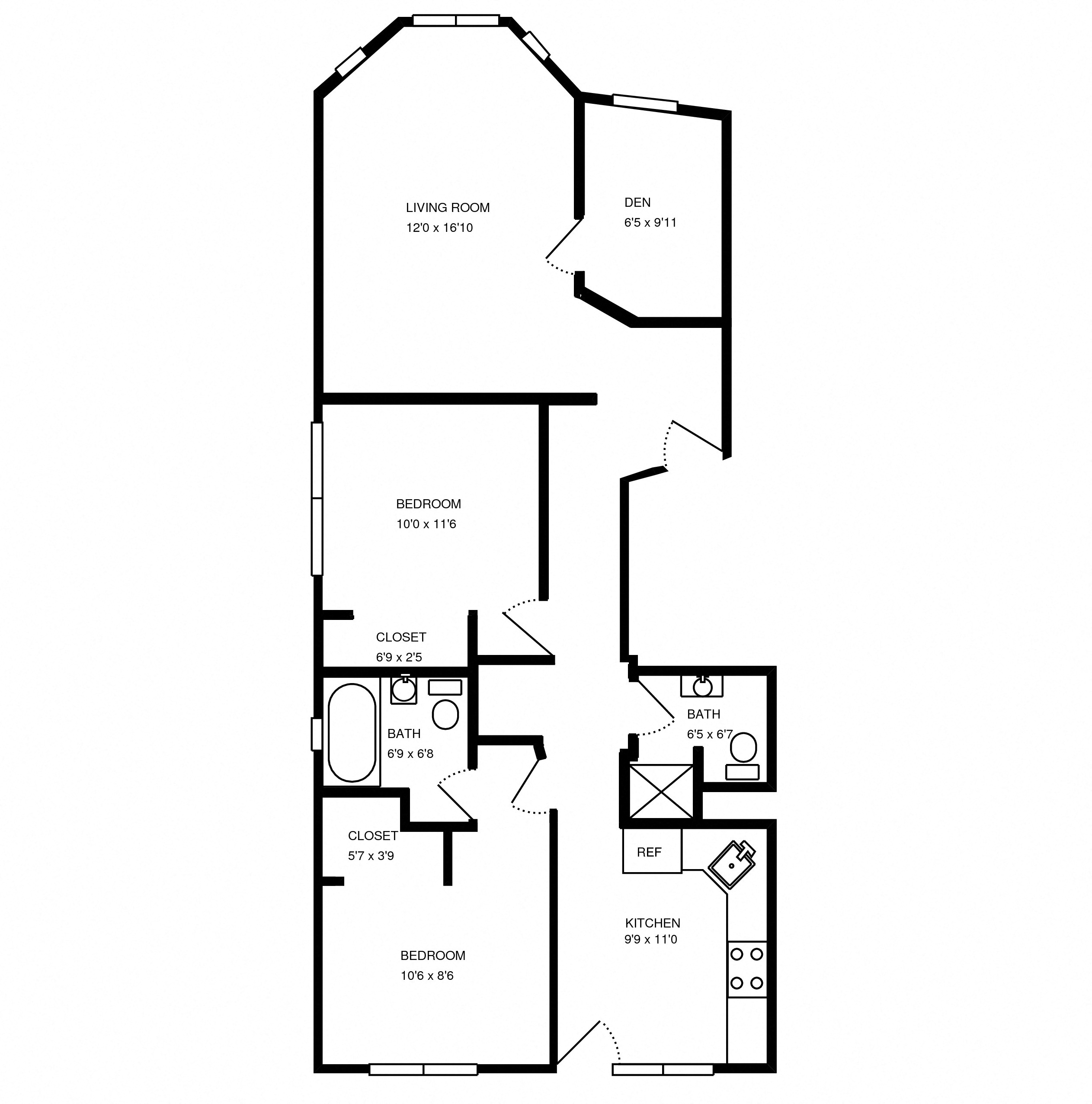 Floor plan for 2 beds, 2 baths, 803 sqft